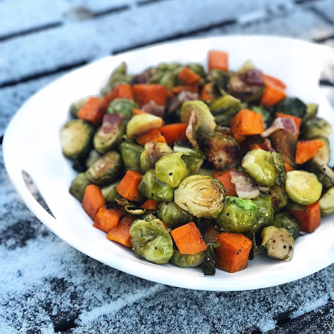 Honey Roasted Sweet Potatoes & Brussel Sprouts with Bacon My Well